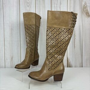 Corkys Gabbie Boots Laser Cut Zipper & Lace Up Distressed Knee Boot Tan Size 6